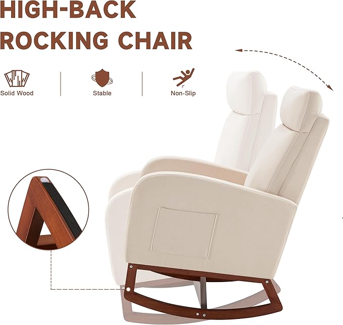 Rocking Chair Nursery Chair with Foot Rest, Nursery Rocking Chairs with High Back, Glider Rocking Chair with Pocket, Baby Nursery Glider Rocker, Nursing Chair Accent Living Room (Linen Beige)