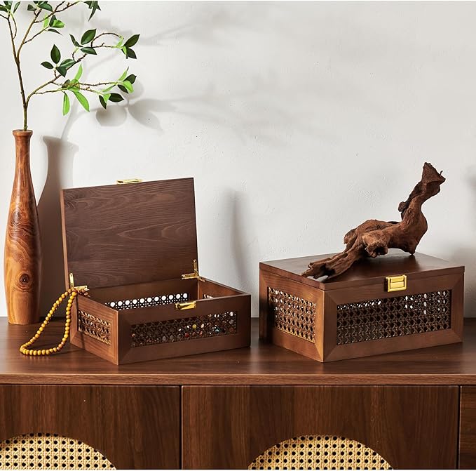 Decorative Rattan Storage Boxes Solid Wood Woven Baskets Bins with Lid Keepsake Memory Jewelry Box Natural Boho Shelf Wicker Closet Desk Organizer Container (Walnut Color, Large Size)