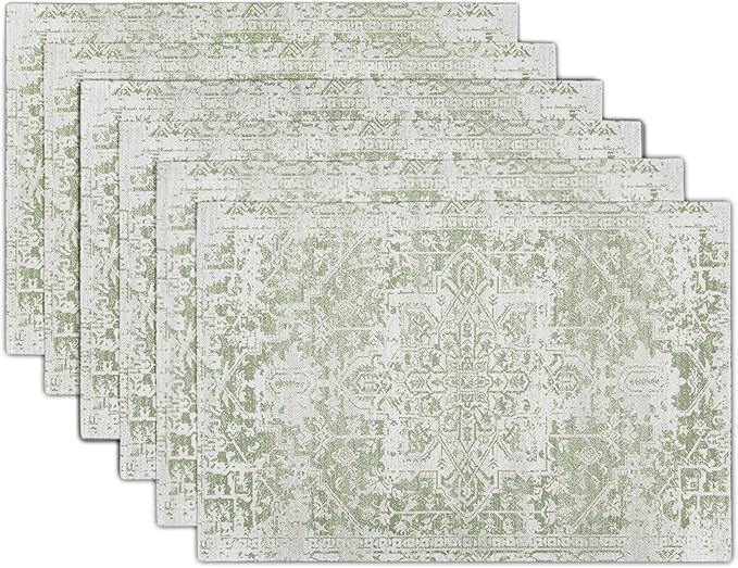 Gray Light Green Boho Placemats Set of 6 Ethnic Bohemian Carpet Place Mats Washable Kitchen Dining Vintage Grey Geography Floral Linen Table Mats Stain Heat-Resistant for Home Party Indoor 12x18 in
