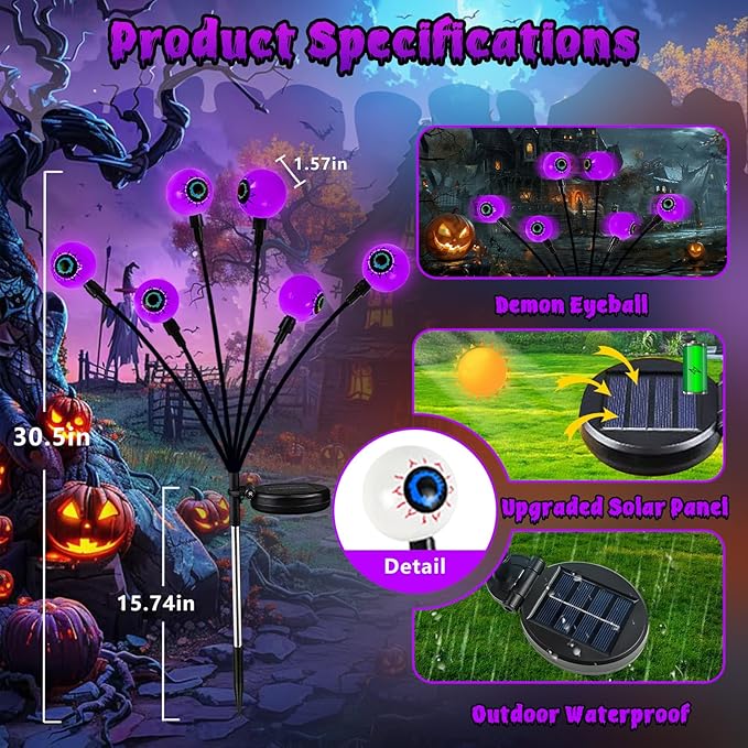 6Pack 36LED Purple Solar Halloween Eyeball Lights Outdoor, Solar Garden Lights Outdoor Waterproof, Firefly Light Swaying by Wind with 2 Modes for Pathway Patio Yard Garden Halloween Decorations