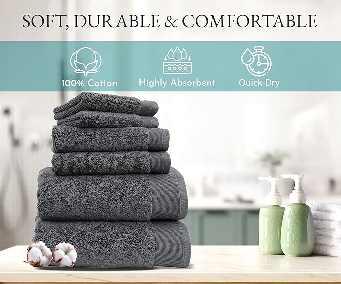 California Design Den 6 Piece Everyday Towel Set - 2 Bath Towels for Bathroom, 2 Hand Towels and 2 Washcloths - 100% Cotton, Soft, Quick-Dry & Absorbent Towels for Bathroom, Spa, Gym & Kitchen - Grey