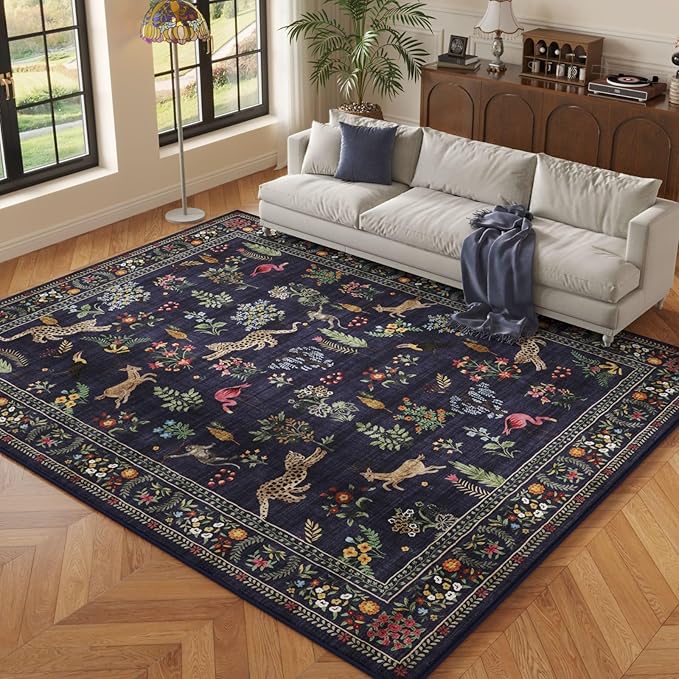 Living Room Rug 5x7 Rug Machine Washable Boho Area Rug Non Slip Floral Animal Vintage Low Pile Large Rugs for Living Room, Bedroom, Farmhouse, Dining Room, Kids Playroom (Blue)