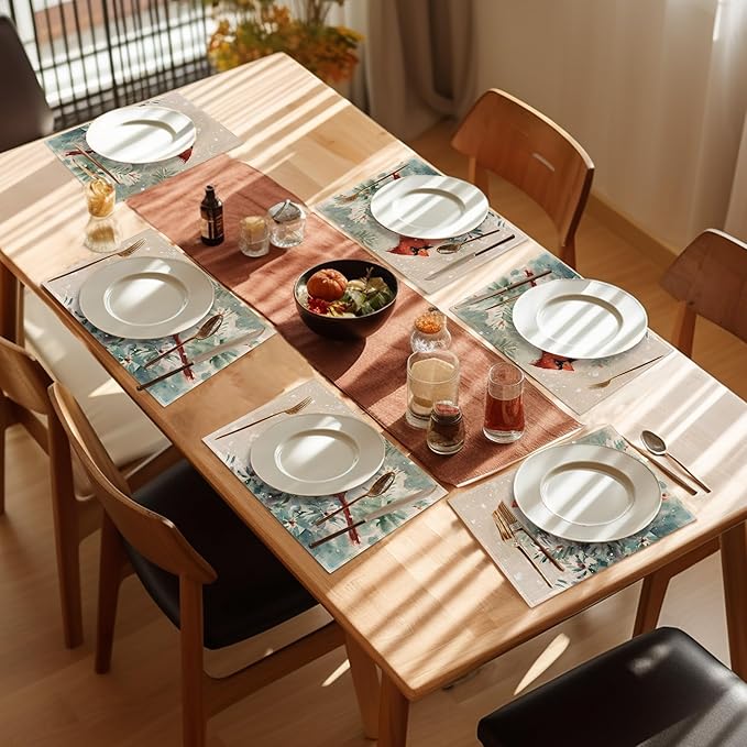 Bird Placemats Set of 6, Cardinal Place Mats Washable Heat Resistant 12×18 Inch Linen Table Mats for Christmas Party Outdoor Dining Décor