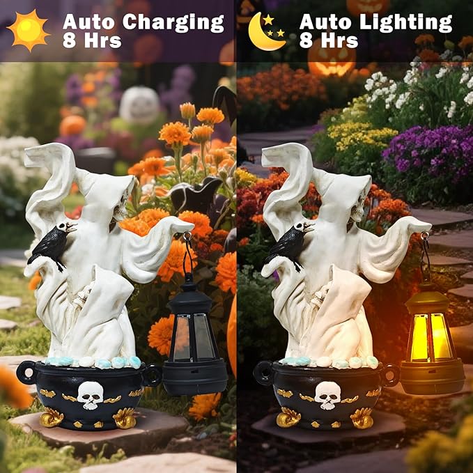 Skeletons Halloween Statues Decor Lantern - Gothic Grim Reaper Spooky Solar Lantern Statue Skeletons Crow,Outdoor Indoor Party Home Decorations Tabletop Shelf Garden Porch Yard Patio