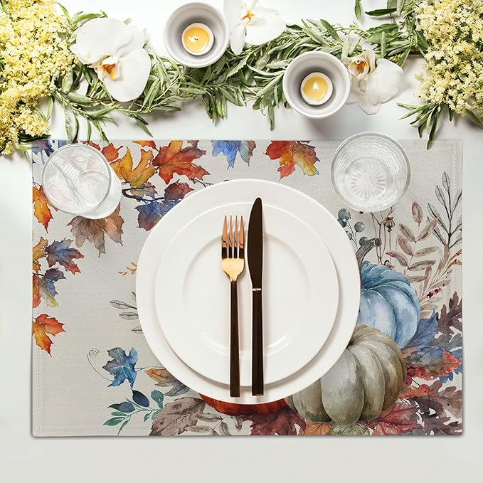 Fall Placemats Set of 4, 12 x 18 Inch Blue and Orange Pumpkin Fall Maple Leaves Washable Heat Resistant Rectangle Place Mat Thanksgiving Decor Table Mats for Seasonal Kitchen Dining