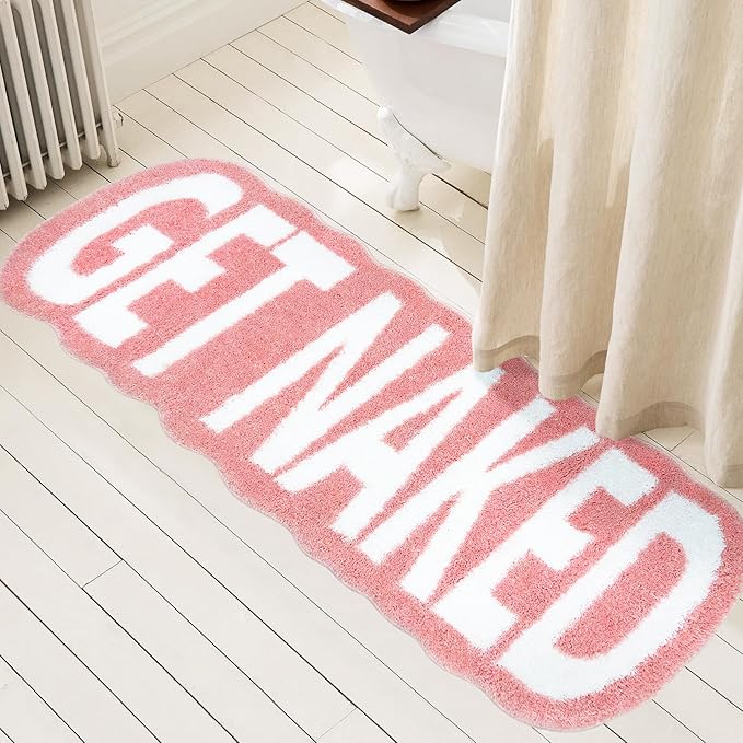 Get Naked Bath Mat Long Bathroom Rug - Super Soft Funny Bath Mat Non Slip Pink Bathroom Decor, Water Absorbent Runner Rugs for Sink Bathtub and Shower Pink 24" x 59"