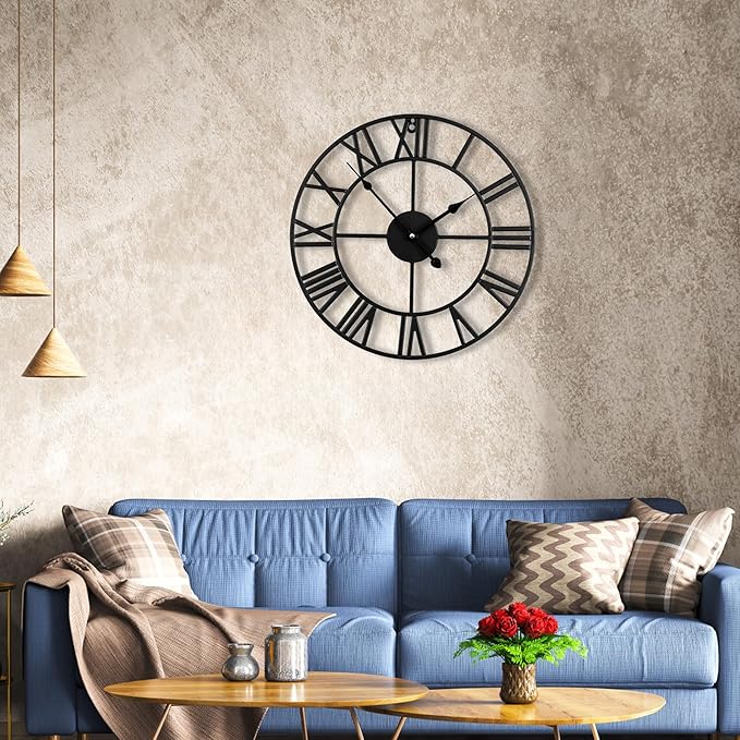 16inch/40cm Wall Clock for Bedroom,Living Room,Office,Bathroom,Battery Operated Large Silent Retro Unique Clocks for Home and Kitchen,Classroom,Farmhouse (Iron Roman Numerals, 16 inches)
