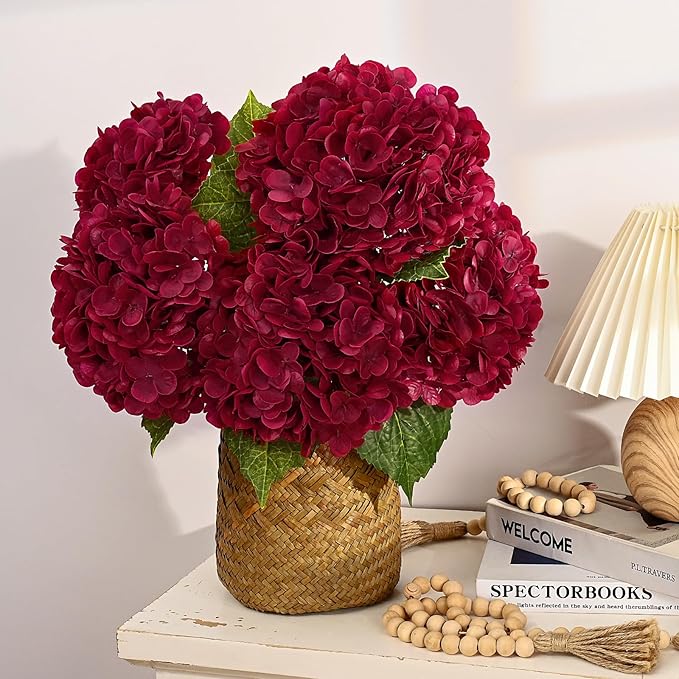 MARTINE MALL 3Pcs 21in Hydrangea Artificial Flowers, Latex Real Touch Hydrangeas Lifelike Large Hydrangea Flowers for Home Decor Party Arrangements Wedding Bouquets Centerpieces (Burgundy)