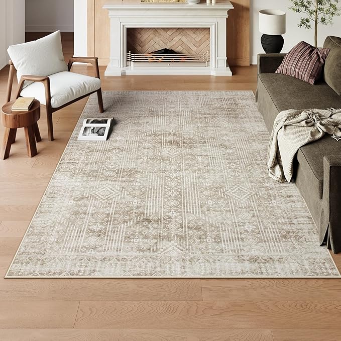 Lahome Beige Neutral Rugs for Living Room 5x7, Machine Washable Farmhouse Rug for Bedroom, Boho Soft Warm Carpet for Dining Room Playroom Nursery Home Office