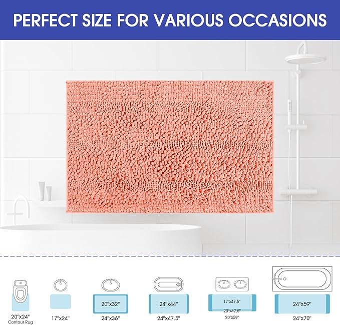 ACCUMTEK Striped Coral Bathroom Rug Mat 47.5"x17" Ultra Soft, Non Slip Chenille Bath Rugs, Absorbent Plush Shaggy Bath Mats for Bathroom, Bedroom, Kitchen, Shower, Tub
