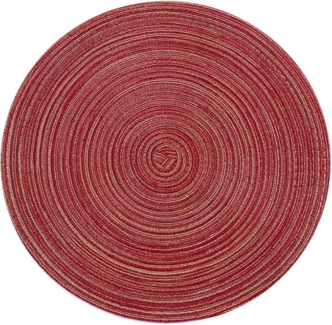 Topotdor 14 Inch Round Placemats Heat-Resistant Stain Resistant Anti-Skid Washable Polyproplene Table Mats Placemats (Burgundy Multi Color, Set of 6)