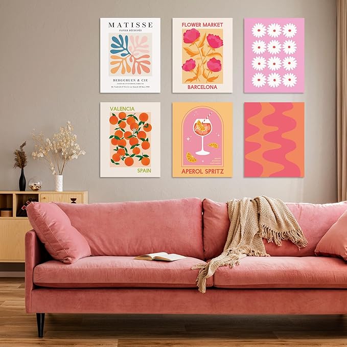 Habseligkeit Flower Market Wall Art Posters for Room Decor Aesthetic, Pink Wall Decor, Warm Matisse Home Decor for Girls Dorm, Unframed, 11x14in, Set of 6