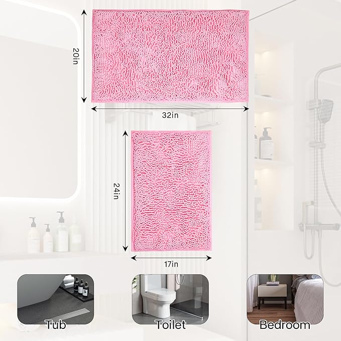 Bathroom Rugs Sets 2 Piece Washable, Luxury ,Chenille Bath Mat Set, Soft Plush Anti-Slip Rectangular Bath, Rug Super Absorbent. (Pink, 32"x20"+24"x16")