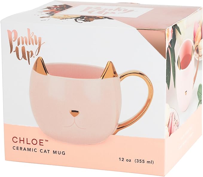 Pinky Up Chloe Cat Ceramic Coffee Mug, Tea Cups, Travel Mugs for Cappuccino, Latte, Hot Chocolate, Milk, Herbal Teas, 12 oz, Set of 1, Pink