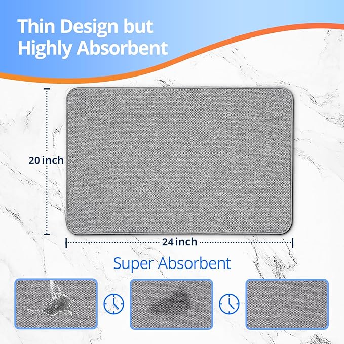 Upgraded Thin Bathroom Rugs, Bath Mat Super Absorbent, Bath Rugs Rubber Backing Non-Slip, Quick Dry Machine Washable, Cozy Cloth Bathroom Mat fit Under Door/Sink/ Bathtub/Shower/Kids 20''x24''-Gray
