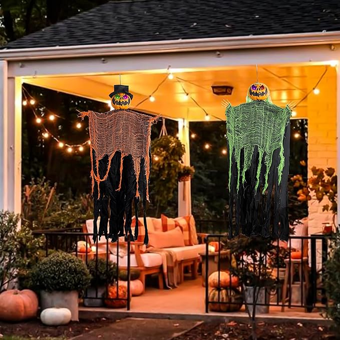 FUNPENY 2 Pack 5.2' Hanging Ghost Pumpkin with Bendable Arms, Halloween Skeleton Pumpkin Decorations with Color Changing Lighted Eyes for Halloween Party Lawn Outdoor Indoor Decor