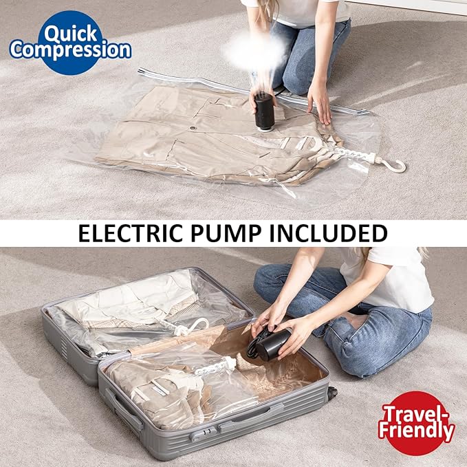 Hanging Vacuum Storage Bags, 6 Pack Hanging Storage Bags for Clothes With Electric Pump, Vacuum Sealed for Suits, Dress, Jackets (6 Short)