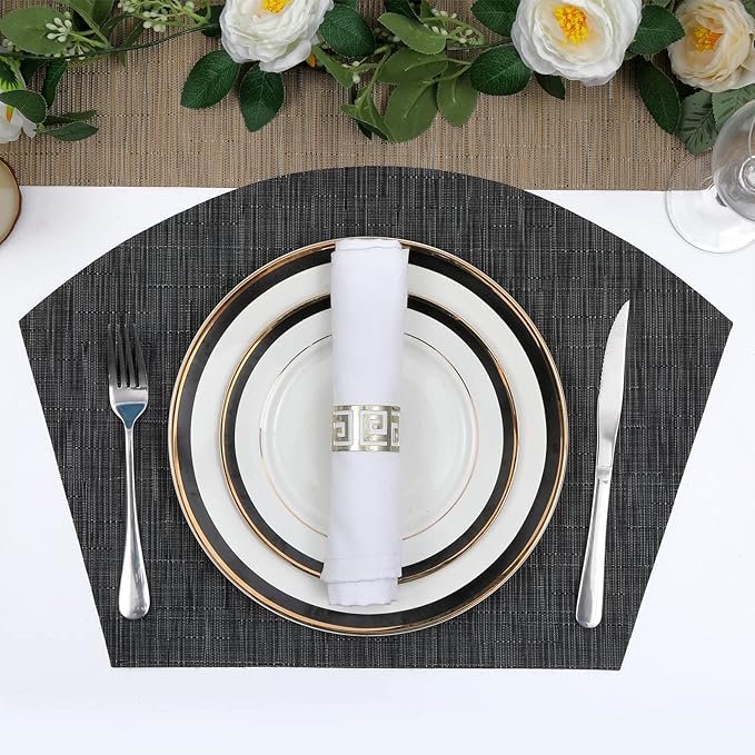 SHACOS Large Size Wedge Placemats with Centerpiece Round Mat Set of 5 Round Table Place Mats Washable Dining Table Placemats Reversible Durable, Black Gray