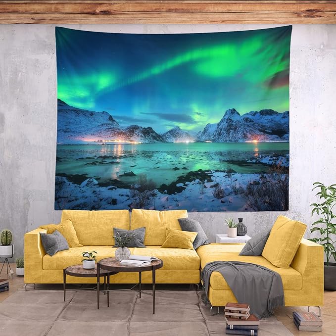 BELECO Northern Lights Wall Hanging - Aurora Borealis Tapestry 92x70 Inch Snow Mountains Lake View Starry Night Norwegian Winter Wall Decor for Living Room Bedroom Dorm