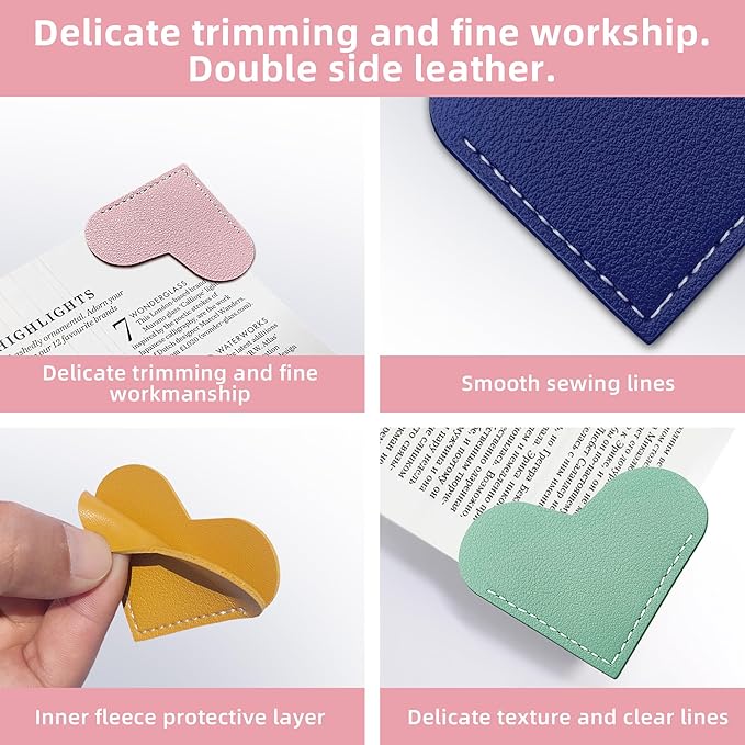 24Pcs Leather Heart Bookmarks,Cute Corner Page Book Marks,Book Accessories for Kids Women Book Lovers Teachers,Handmade Reading Gifts