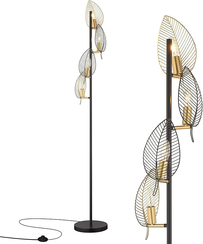 WOXXX Industrial Black Floor Lamp with 4 Brush Gold Finish Leaf Shade, Modern Tree Floor Lamps for Living Room Bedrooms Reading Standing Lamp Living Room Lamps Farmhouse Tall Lamp (4 Bulbs Included)