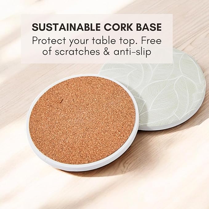 Ceramic Absorbent Coasters Set of 6 with Holder, Marble Drink Coasters for Coffee Table, Water Absorbing Coaster (Leaf)