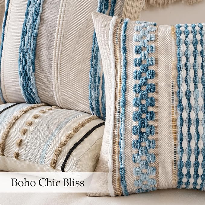 ANRODUO Pack of 2 Boho Decorative Throw Pillow Covers 18x18 Farmhouse Cushion Case Striped Chenille Pillow Cases Coastal Throw Pillows Accent Neutral Pillowcase for Sofa Couch Bed, Sky Blue Stripe