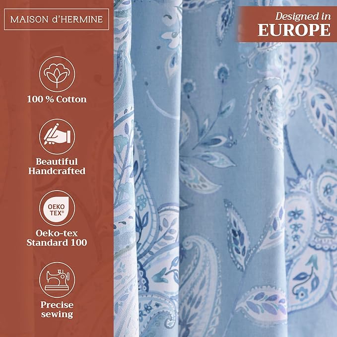 Maison d' Hermine Curtains for Living Room 100% Cotton 108 inch Length One Panel Light Filtering Curtains for Bedroom Windows with Rod and Loop Pockets Drapes (Ramage Steel Blue, 50" W x 108" L)