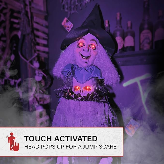 Haunted Hill Farm Lifesize Animatronic Scary Talking Witch with Touch Activated Lights and Sound, Battery-Operated Indoor or Covered Outdoor Halloween Decoration