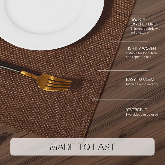 Romanstile Cloth Placemats Set of 4-12 x 18 Inch, Heat Resistant Double Layered Thickened Burlap Place Mats, Washable Linen Farmhouse Table Mats for Kitchen/Dining/Party/Outdoor, Dark Brown