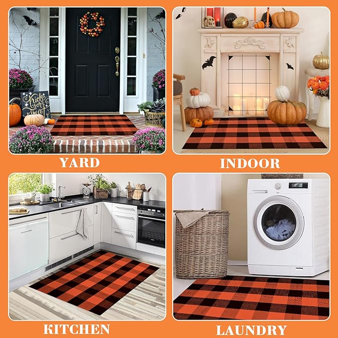 Buffalo Plaid Rug 28 x 43 Inches Fall Outdoor Front Door Decor Mat, Cotton Washable Hand-Woven Rug for Layered Doormat, Autumn Halloween Thanksgiving Carpet for Porch (Orange and Black Plaid)