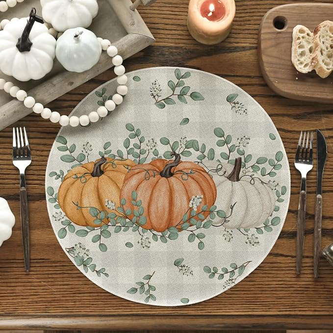 Artoid Mode Orange Pumpkins Fall Round Placemats Set of 4,14 Inch Eucalyptus Thanksgiving Seasonal Round Place Mats for Party Dining Decoration