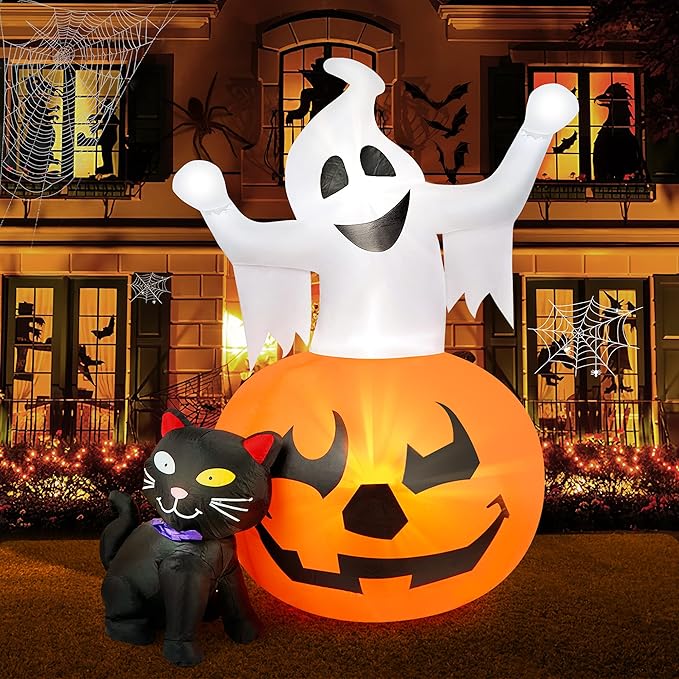 5 FT Halloween Inflatables Outdoor Spooky Pumpkin and Witch' s Black Cat Combo Inflatable Decor, Halloween Blow Up Yard Decorations Clearance with Build-in LED Lights, Halloween Outdoor Decorations