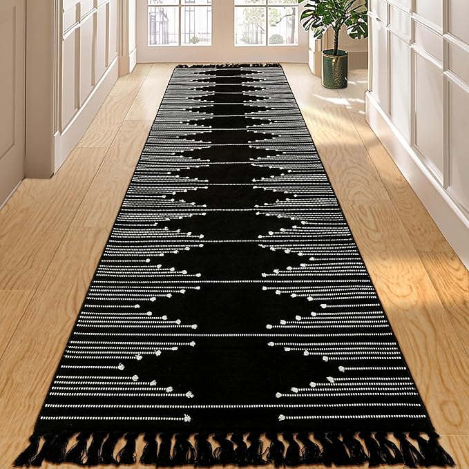 Tritard Boho Hallway Runner Rug 2x10 - Lightweight Washable Area Rug Farmhouse Aztec Cotton Long Thin Rugs with Tassels Kitchen Bathroom Woven Low Pile Carpet for Entryway, Bedroom, Black and White