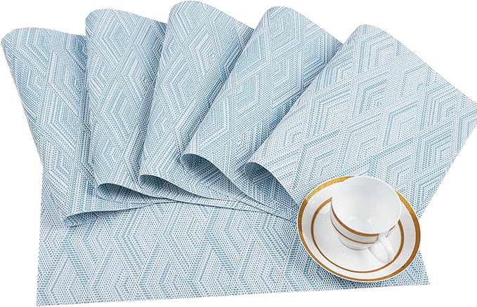 Vinyl Plastic Placemats Set of 6 Washable Heat Resistant Non-Slip Elegant Indoor Outdoor Kitchen Dining PVC Woven Table Place Mats (Sky Blue Rhombus)
