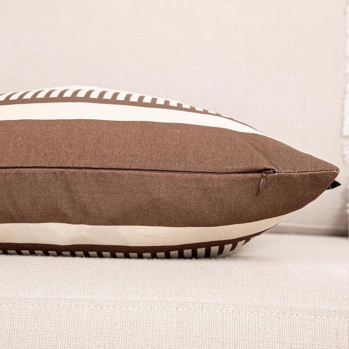 Farmhouse Stripe Pillow Cover 18x18 Boho Accent Cushion Case Faux Leather Decorative Pillowcase,Cocoa Brown and Beige (Cover ONLY, Pack of 2)