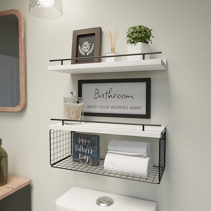 WOPITUES Floating Shelves for Bathroom Wall Decor Sign, Bathroom Organizer and Storage, Bathroom Shelves Over Toilet with Metal Guardrail-Modern White