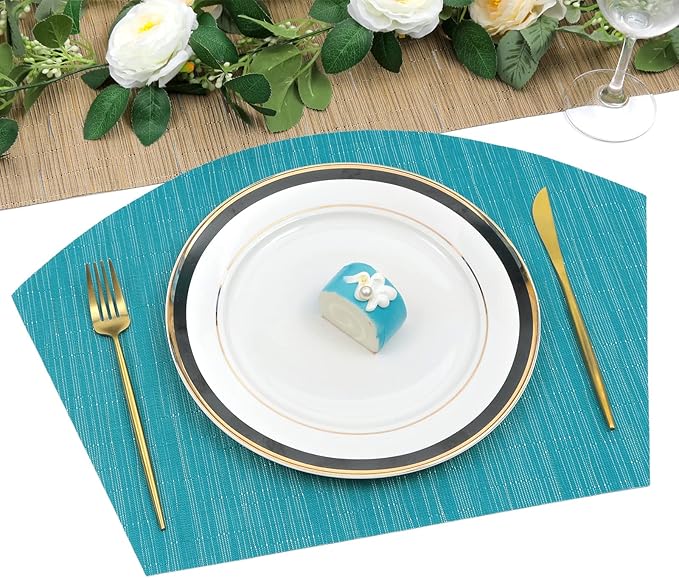SHACOS Large Size Wedge Placemats with Centerpiece Set of 5, PVC Woven Vinyl Place Mats for Round Table Washable Indoor Outdoor Table Placemats, Blue