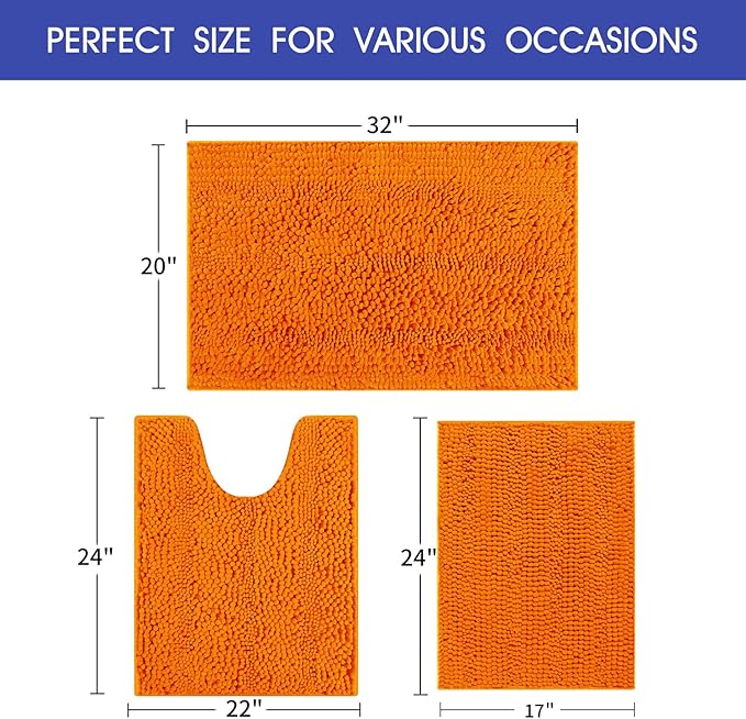 ACCUMTEK Striped Orange Bathroom Rug Set 3 Pieces Ultra Soft, Non Slip Chenille Toilet Mat, Absorbent Plush Shaggy Bath Mats for Bathroom, Bedroom, Kitchen
