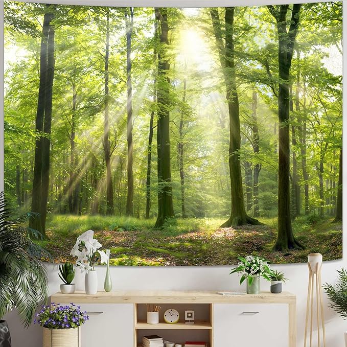 Lunerfex Tyndall Effect Forest Nature Tapestry, Sunlight Streaming Through Trees Wall Hanging for Bedroom and Living Room Decor, 7090 Inches