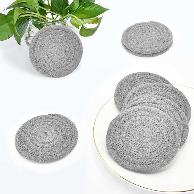 ABenkle Drink Coasters with Holder Set of 10, Cotton Woven Absorbent Coasters for Drinks, Minimalist Home Decor Coaster Set for Wooden Tabletop Protection Table, 4.3 inches