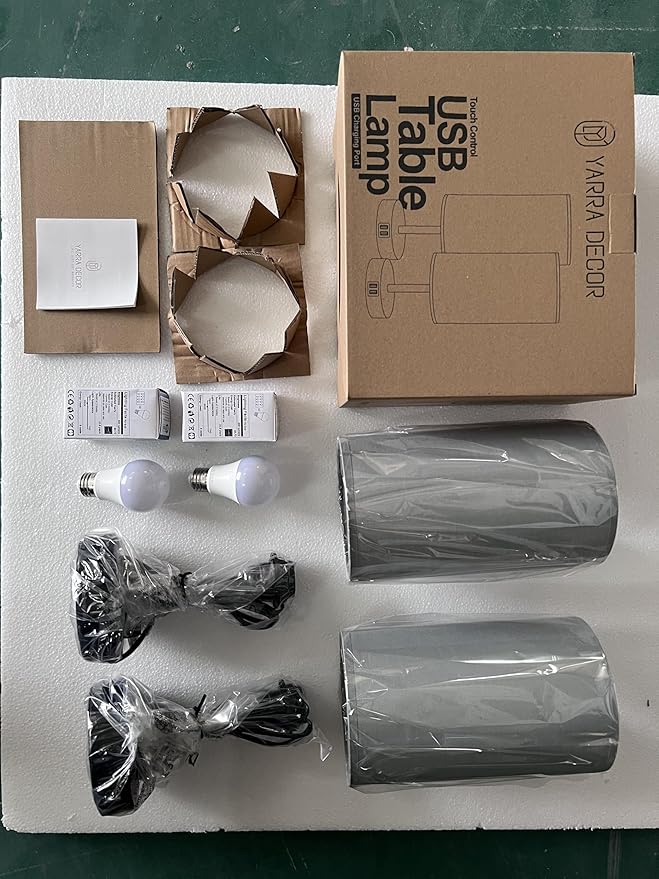 Yarra-Decor Bedside Lamps with USB Port - Touch Control Table Lamp for Bedroom 3 Way Dimmable Nightstand Lamp Set of 2 with Round Grey Fabric Shade for Living Room, Dorm, Home Office (Grey, 2 Pack)