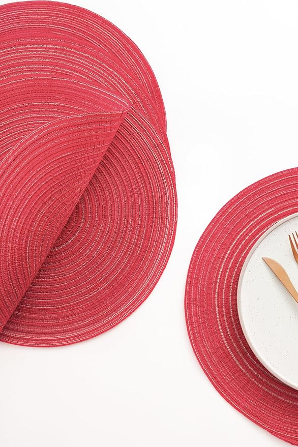Floroom 15 Inch Round Braided Placemats Set of 4, Washable Heat Resistant Cotton Polyester Circle Place Mats for Kitchen Dining Table - Dark Red