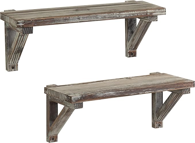 MyGift Wall Mounted Floating Shelves - 16.5 InchTorched Wood Decorative Shelf with Wooden Brackets, Set of 2