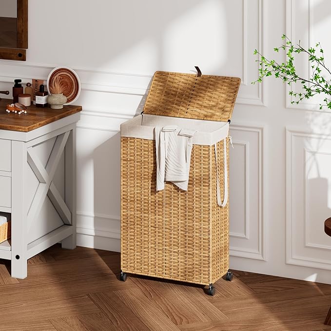 Rolling Laundry Hamper with Wheels and Lid, 90L Slim Laundry Basket with Removable Bag, Foldable Handwoven Rattan Laundry Sorter, Narrow Dirty Clothes Basket Organizer, No Assembly, Natural