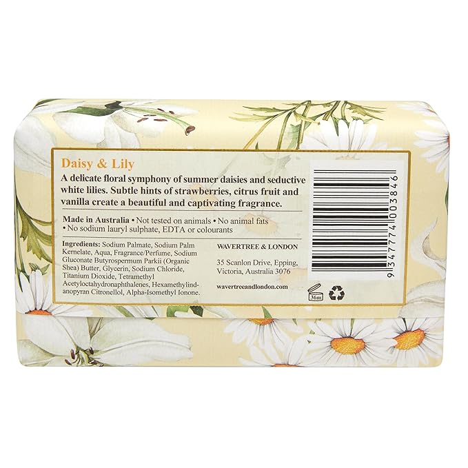 Wavertree & London Daisy & Lily Scented Natural Soap (2 Bars), 7oz Moisturizing French Triple Milled Soap Bars enriched with shea butter - Pure Plant Oil Bath & Body Soap for All Skin Types