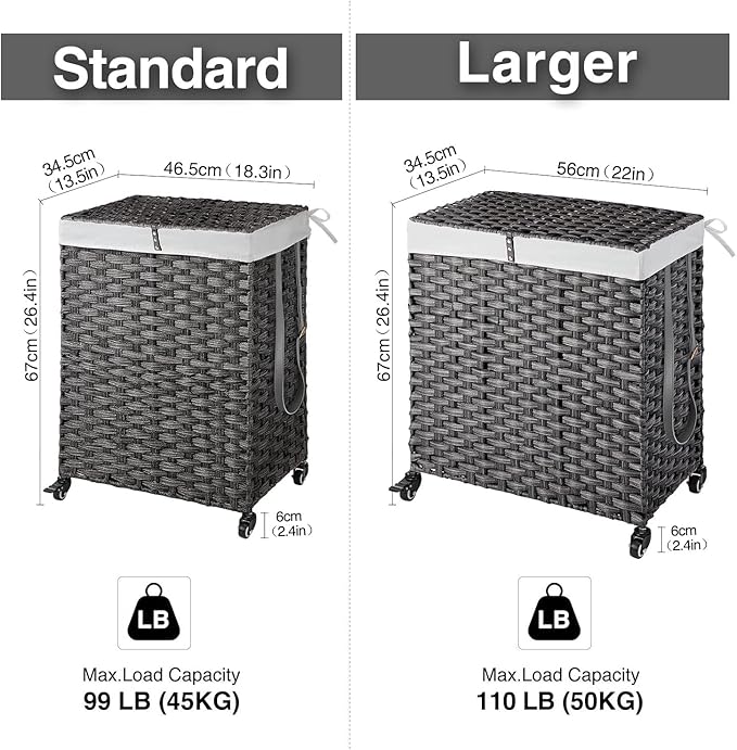 Greenstell Laundry Hamper with Wheels, No Install Needed, 90L Divided Handwoven Hampers & 2 Removable Liner Bags, Rattan Clothes Laundry Basket with Lid & Handles, Foldable Hampers Gray 18x13x26.4 In