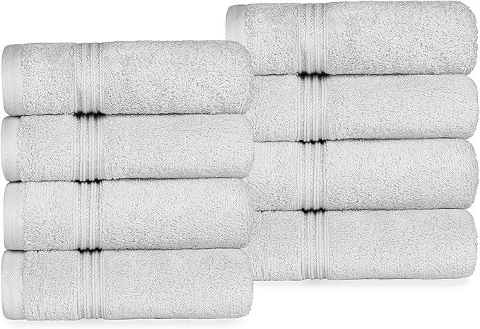 Superior Egyptian Cotton 8-Piece Hand Towel Set, Towel Basics For Quick Dry, Absorbent Small Towels, Facial, Spa, Kitchen, Bathroom Essentials, Apartment, Guest Bath, Soft, Washcloth, Silver
