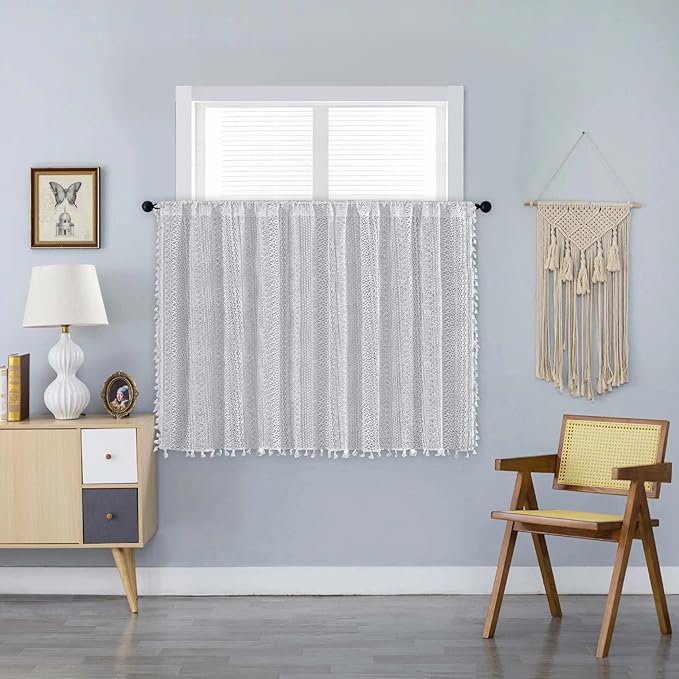 Boho Sheer Lace Valance Tier Curtain Crochet Vintage with Handmade Macrame Tassel Knitted Window Treatment Drape for Bedroom Living Room Kitchen (1 Panel Crochet White, 59"x 36")