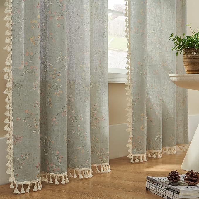 Joydeco Blue Floral Boho Curtains 108 Inches Long 2 Panels, Super Soft Bohemian Farmhouse Curtains with Tassels, Semi Sheer Light Filtering Drapes for Bedroom Living Room (Rod Pocket, 52Wx108L)